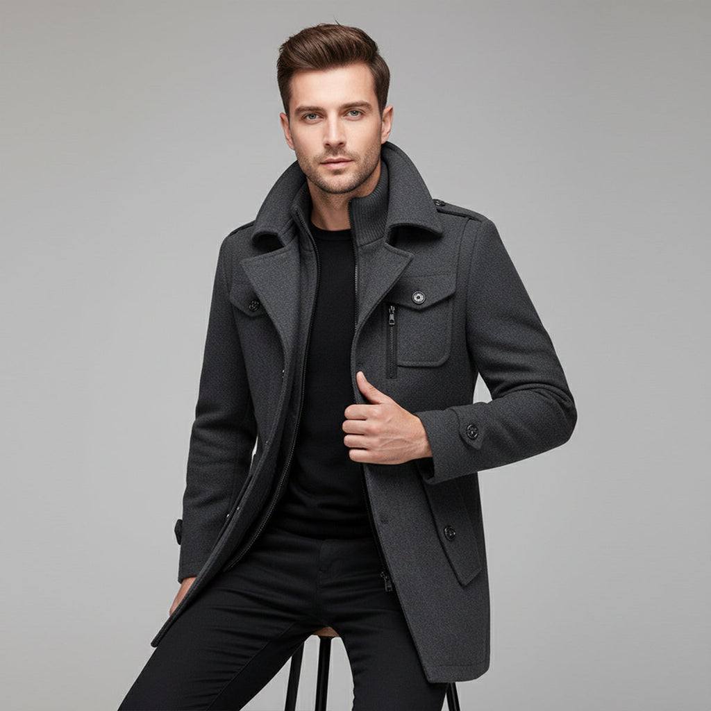 Men's Tailored Wool Blend Overcoat – Lapel Collar Trench-Style Coat