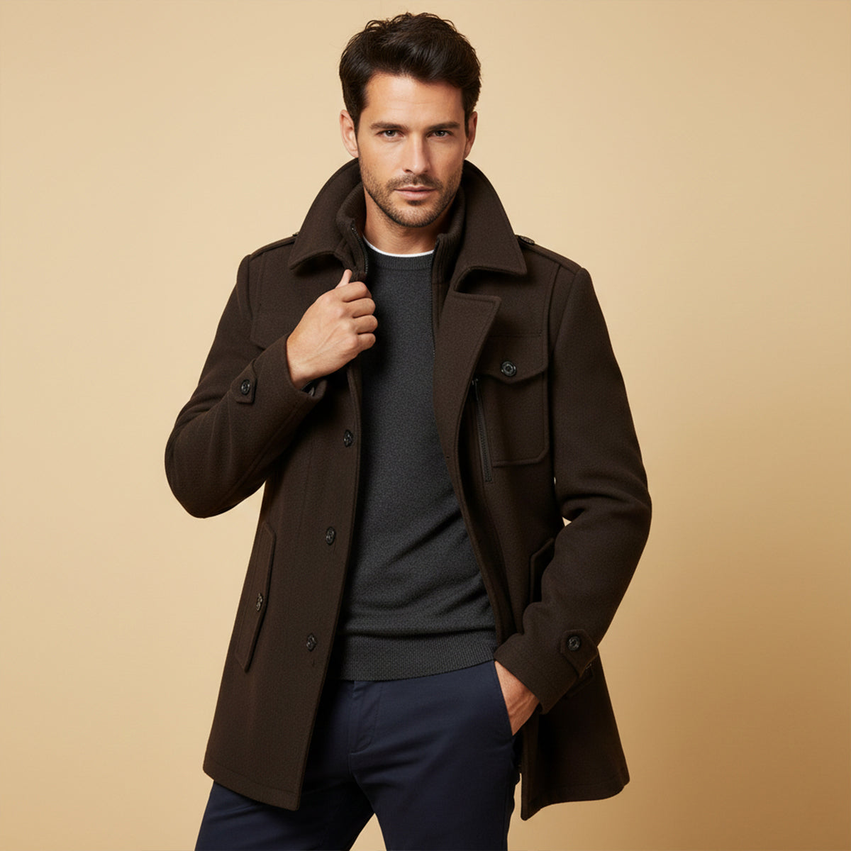 Men's Tailored Wool Blend Overcoat – Lapel Collar Trench-Style Coat