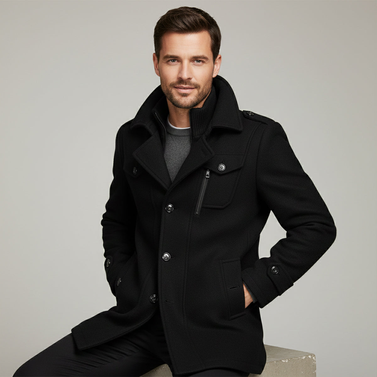 Men's Tailored Wool Blend Overcoat – Lapel Collar Trench-Style Coat