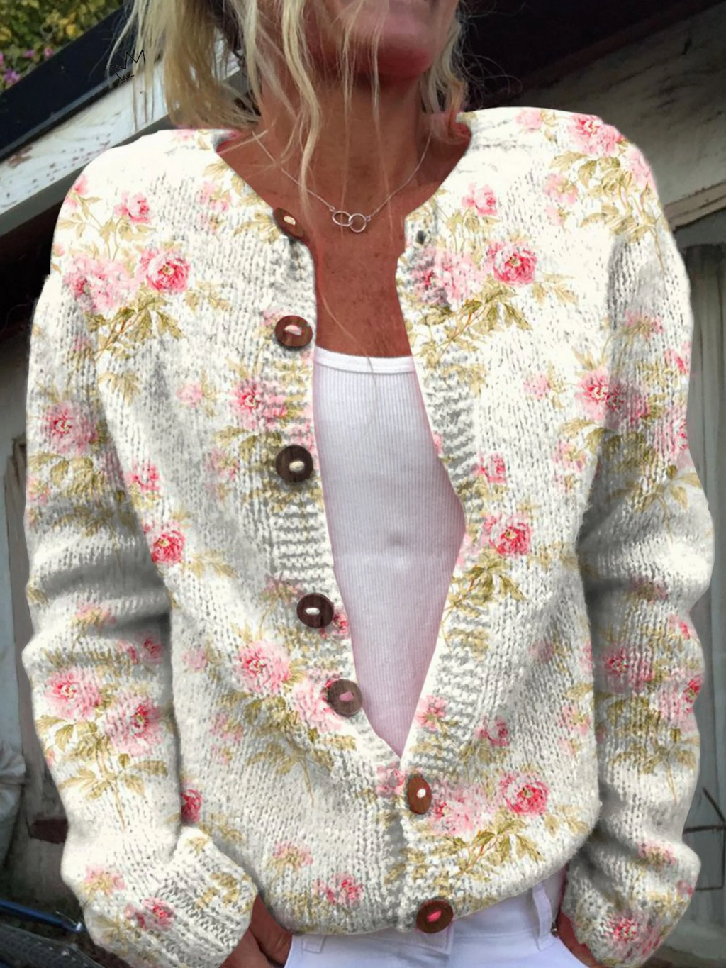 Women's Floral Knit Cardigan – Relaxed Button-Front Autumn Sweater