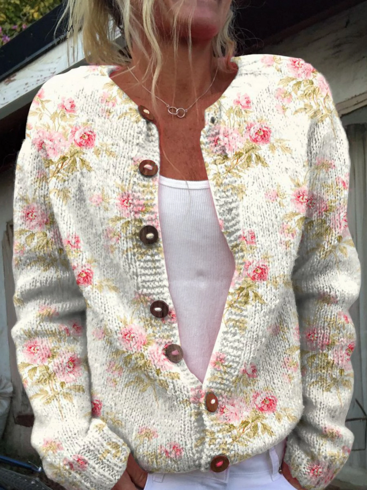 Women's Floral Knit Cardigan – Relaxed Button-Front Autumn Sweater