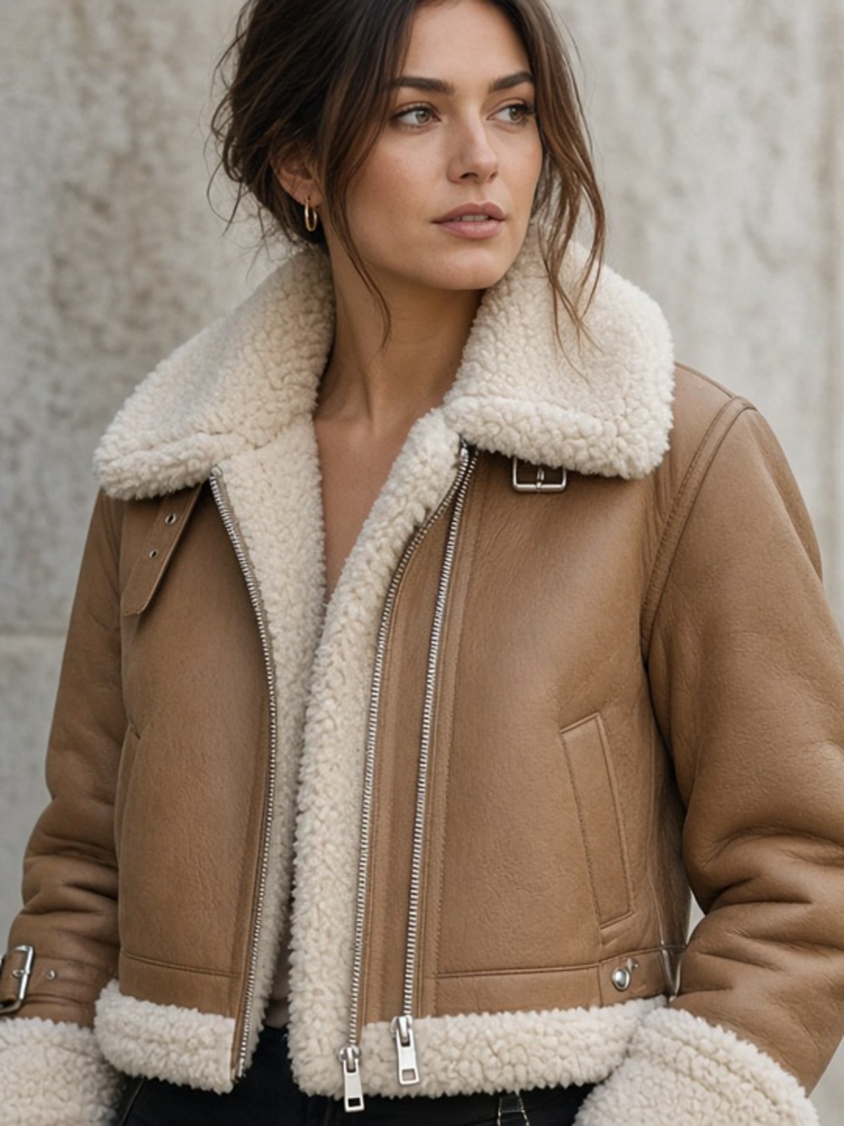 Women's Faux Leather Aviator Jacket – Cropped with Faux Shearling Collar
