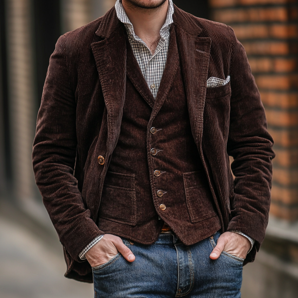 Men's Corduroy Blazer and Vest Set – Two-Piece Tailored Smart Casual Suit