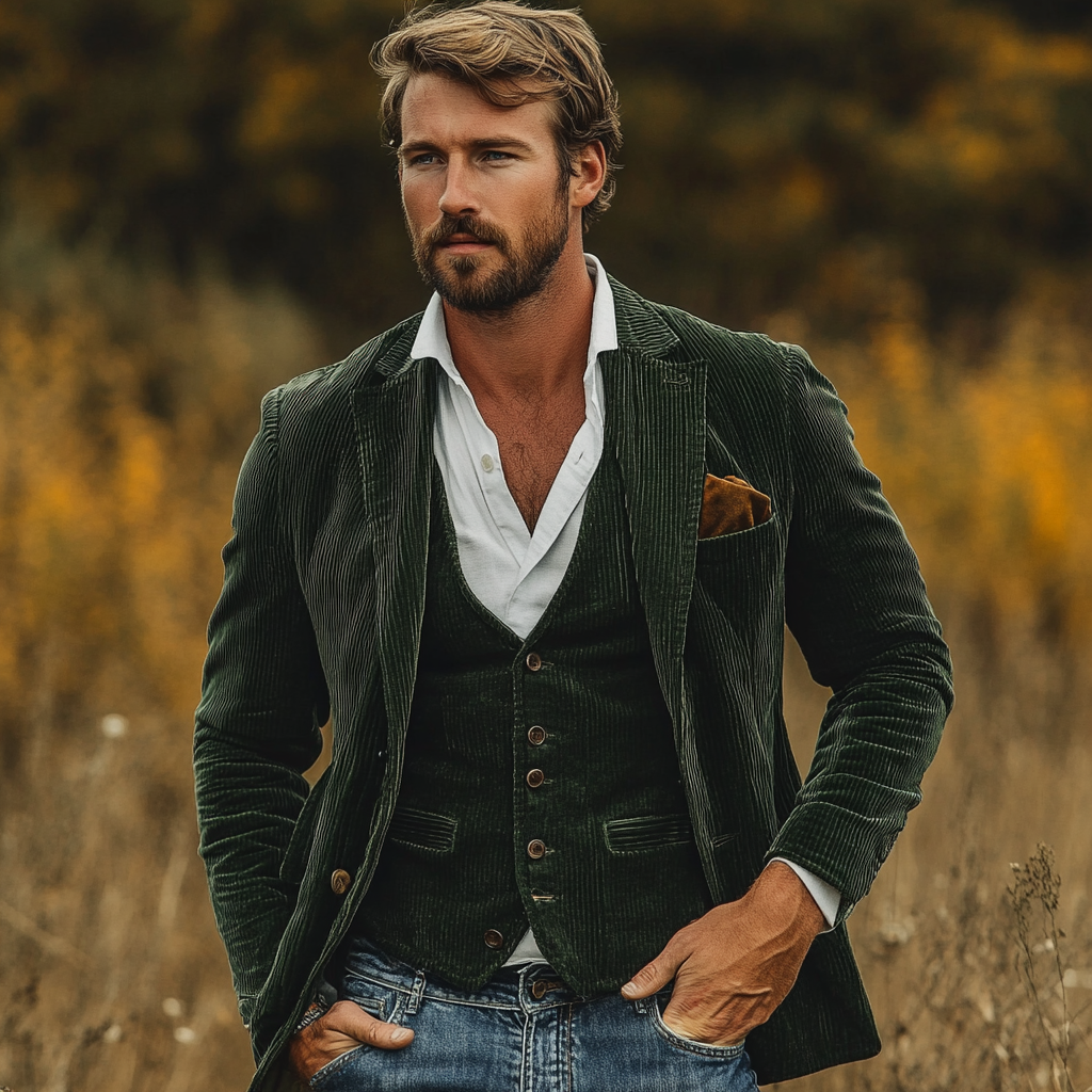 Men's Corduroy Blazer and Vest Set – Two-Piece Tailored Smart Casual Suit