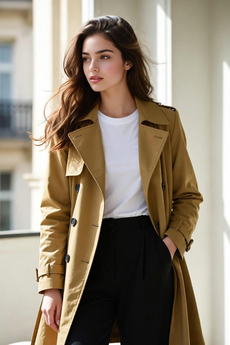 Women's Classic Belted Trench Coat – Double-Breasted All-Season Coat