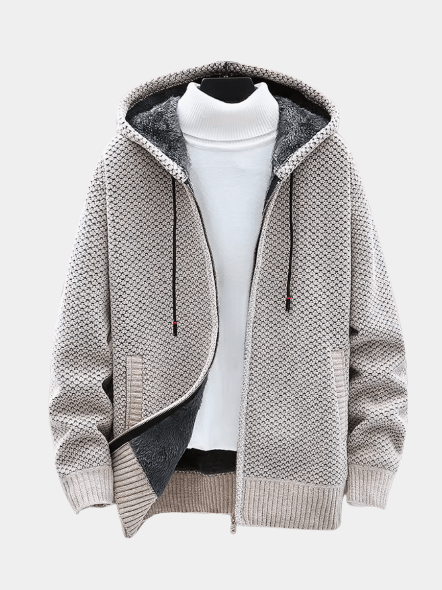 Men's Hooded Zip-Up Knit Cardigan – Chunky Knit Lined Sweater Jacket