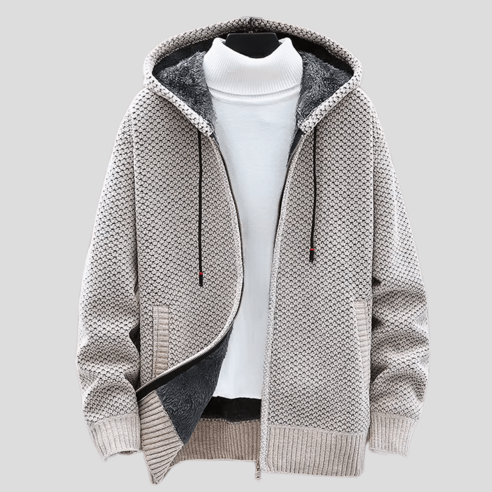Men's Hooded Zip-Up Knit Cardigan – Chunky Knit Lined Sweater Jacket