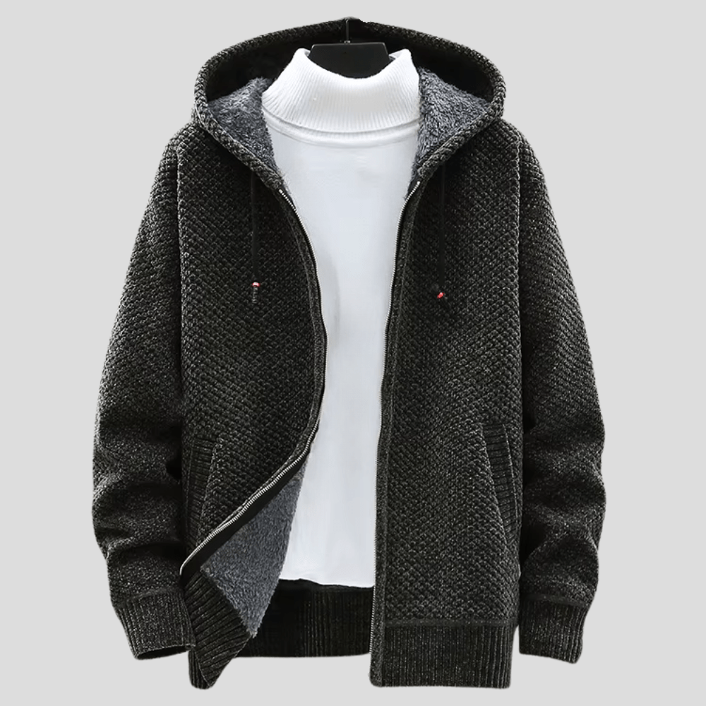 Men's Hooded Zip-Up Knit Cardigan – Chunky Knit Lined Sweater Jacket