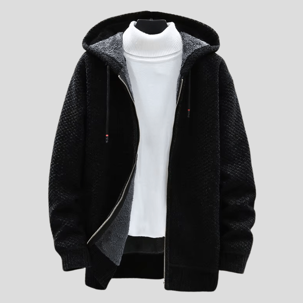Men's Hooded Zip-Up Knit Cardigan – Chunky Knit Lined Sweater Jacket