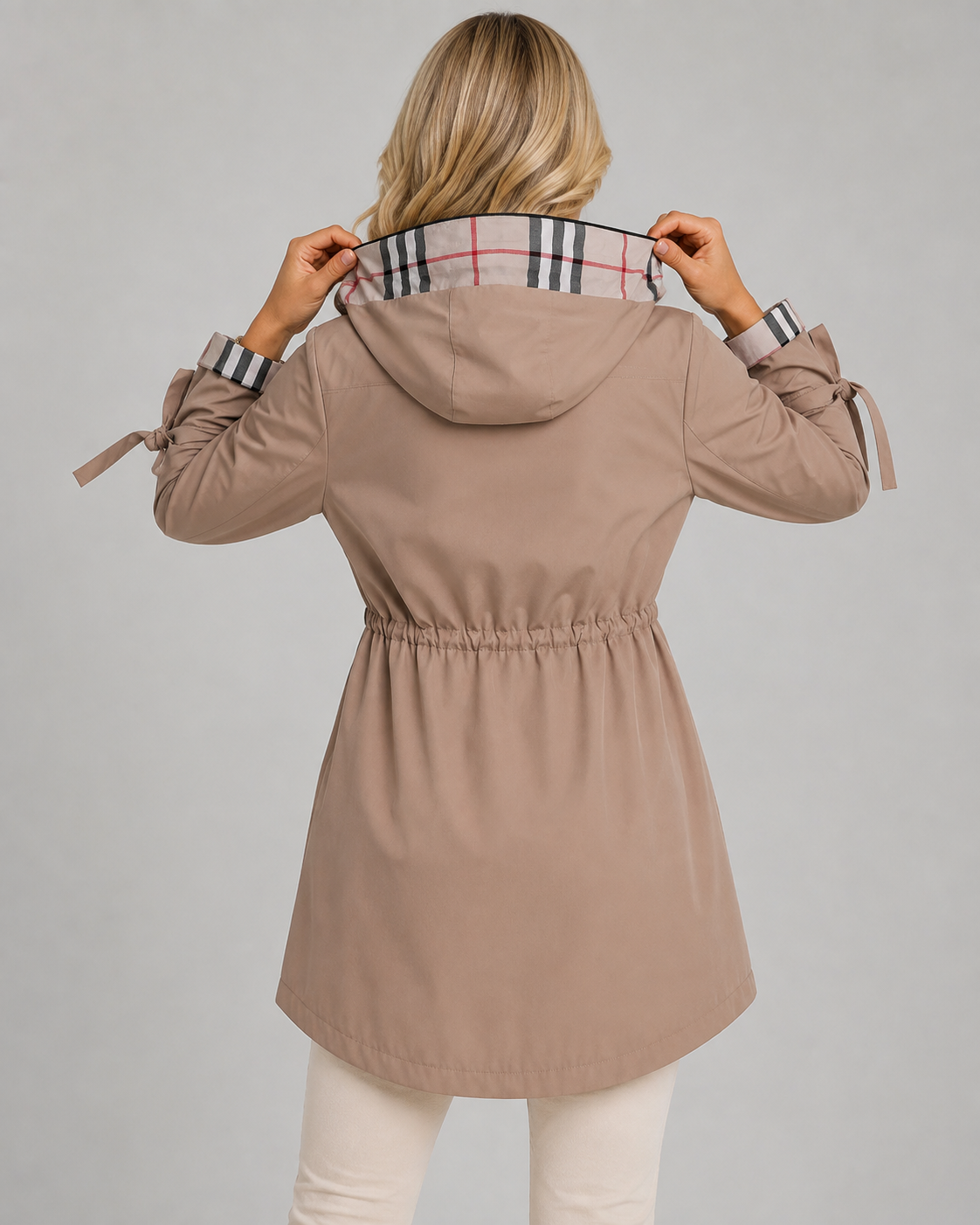 Women's Hooded Trench Coat with Plaid Lining – Zip Front Jacket with Adjustable Waist