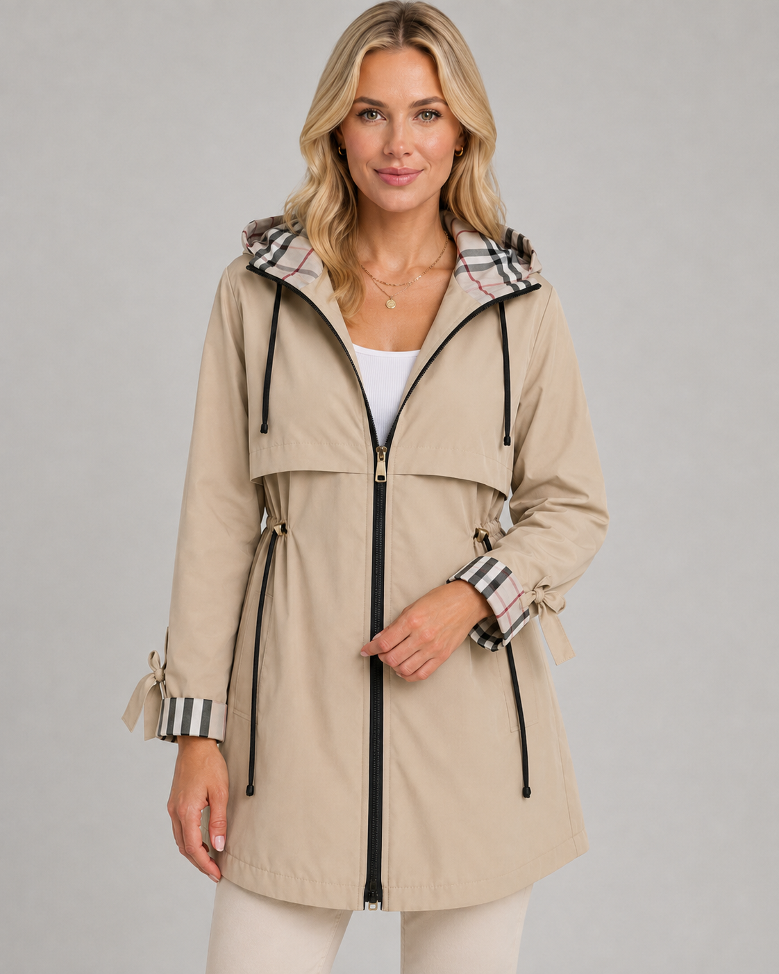 Women's Hooded Trench Coat with Plaid Lining – Zip Front Jacket with Adjustable Waist