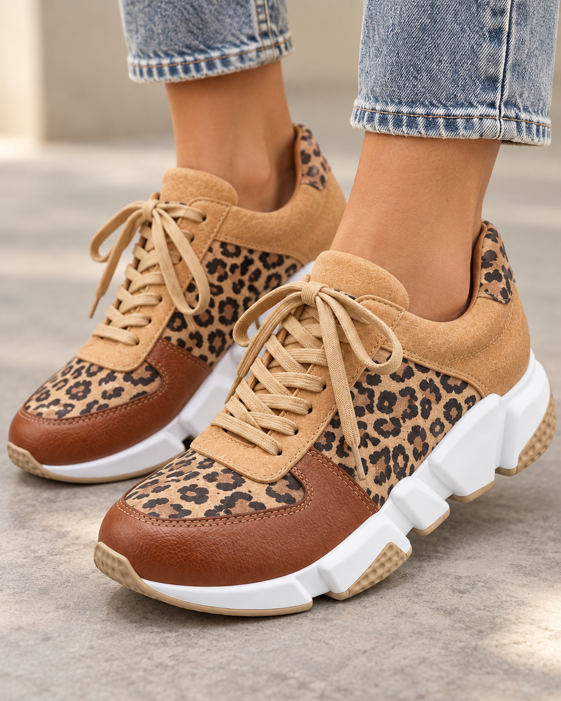 Women's Leopard Print Chunky Sneakers – Sculpted Sole Lace-Up Trainers
