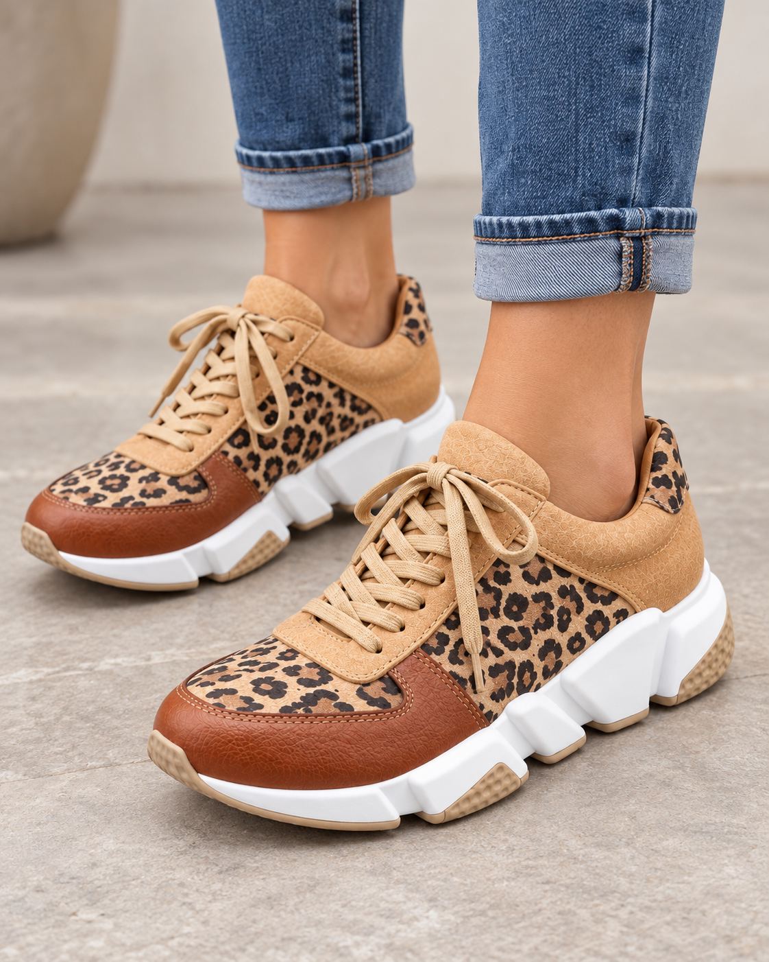 Women's Leopard Print Chunky Sneakers – Sculpted Sole Lace-Up Trainers