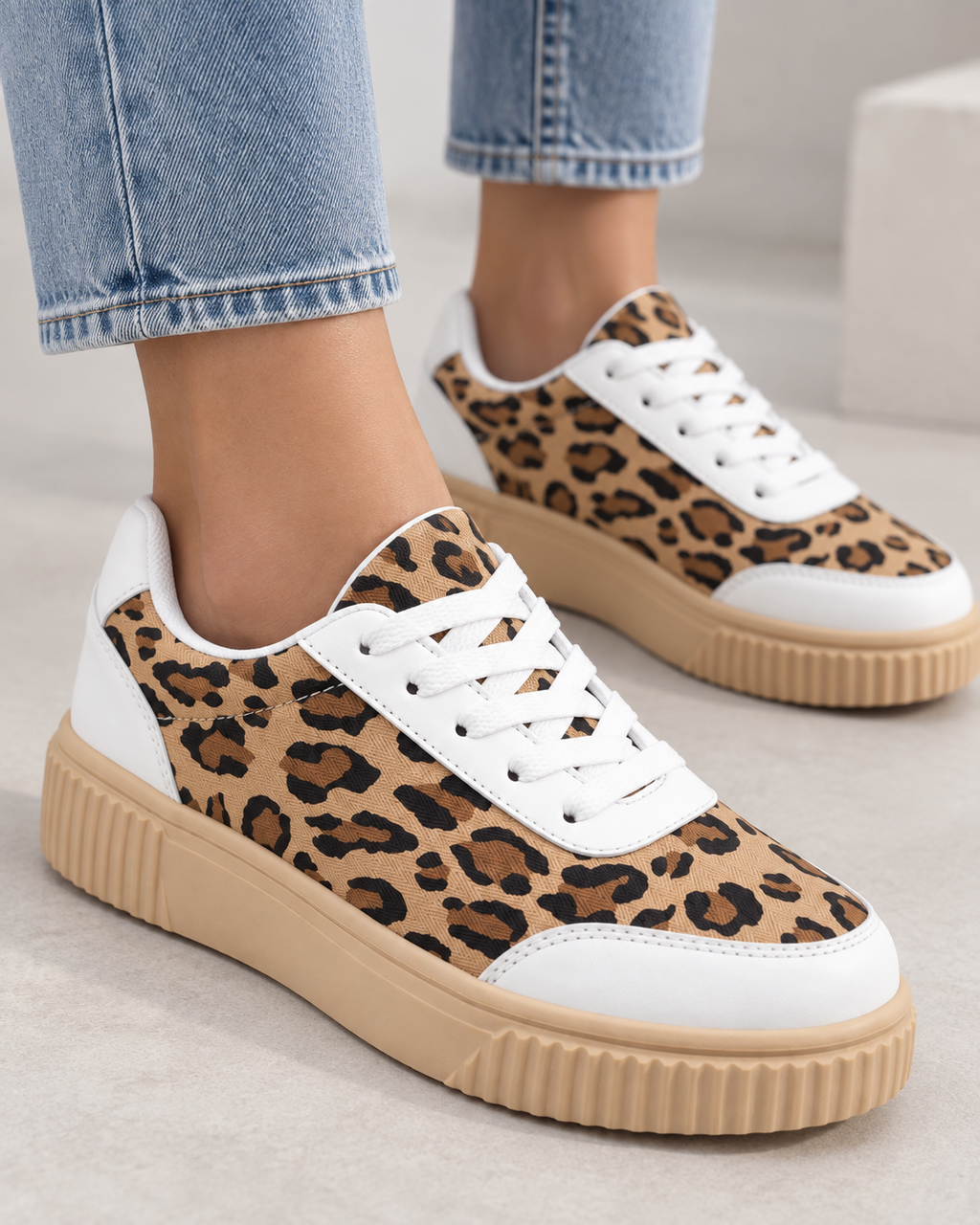 Women's Leopard Print Platform Sneakers – Chunky Sole Lace-Up Shoes