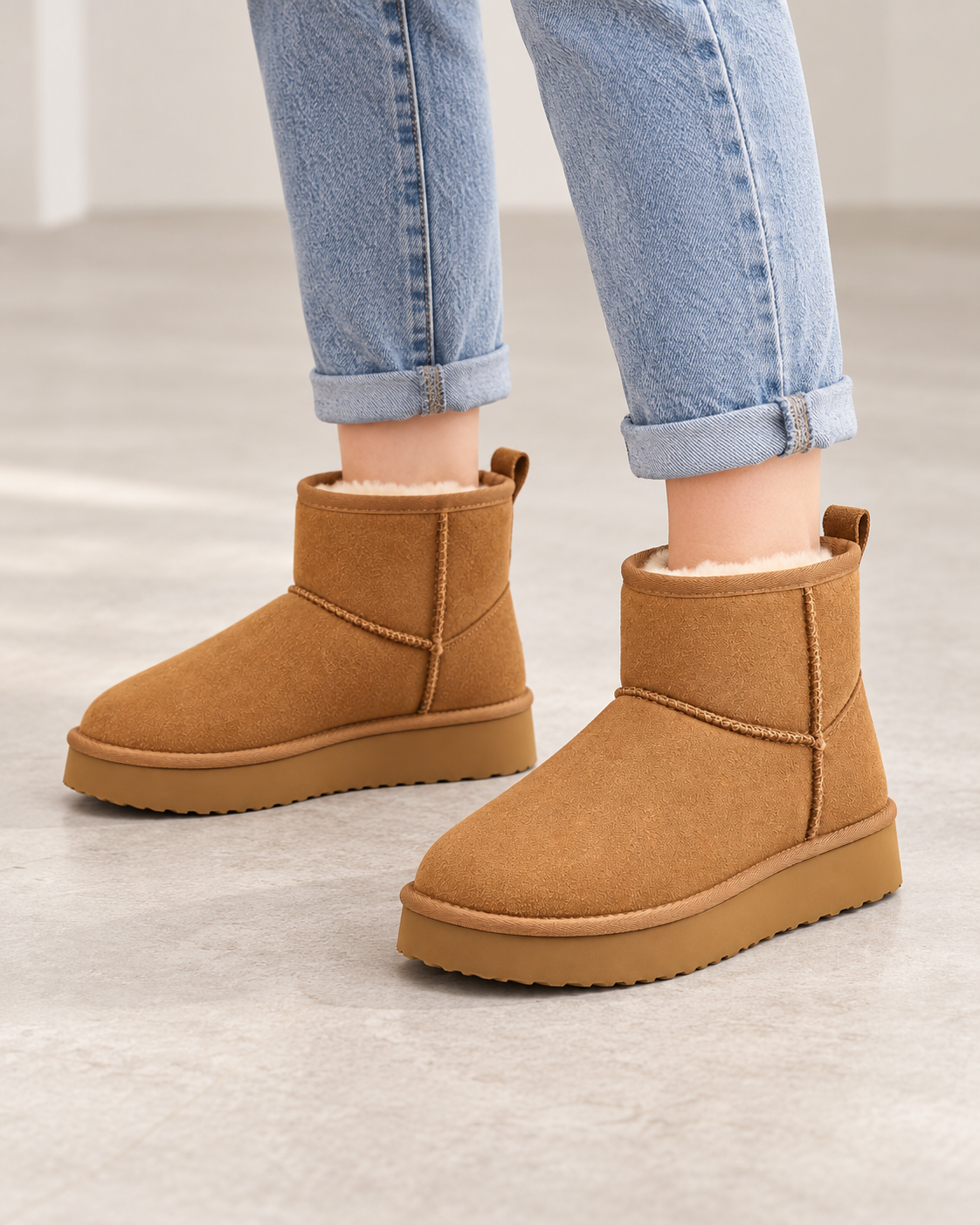 Women's Fleece-Lined Pull-On Ankle Boots – Platform Sole Winter Booties
