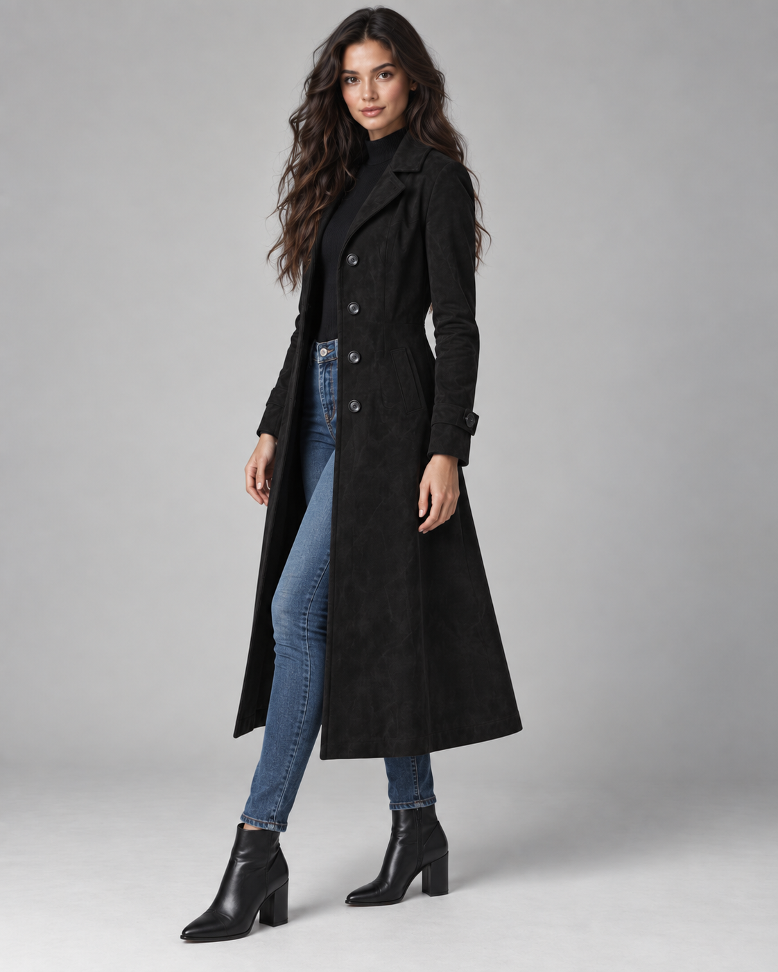 Women's Suede-Look Long Coat – Notched Lapel A-Line Tailored Overcoat