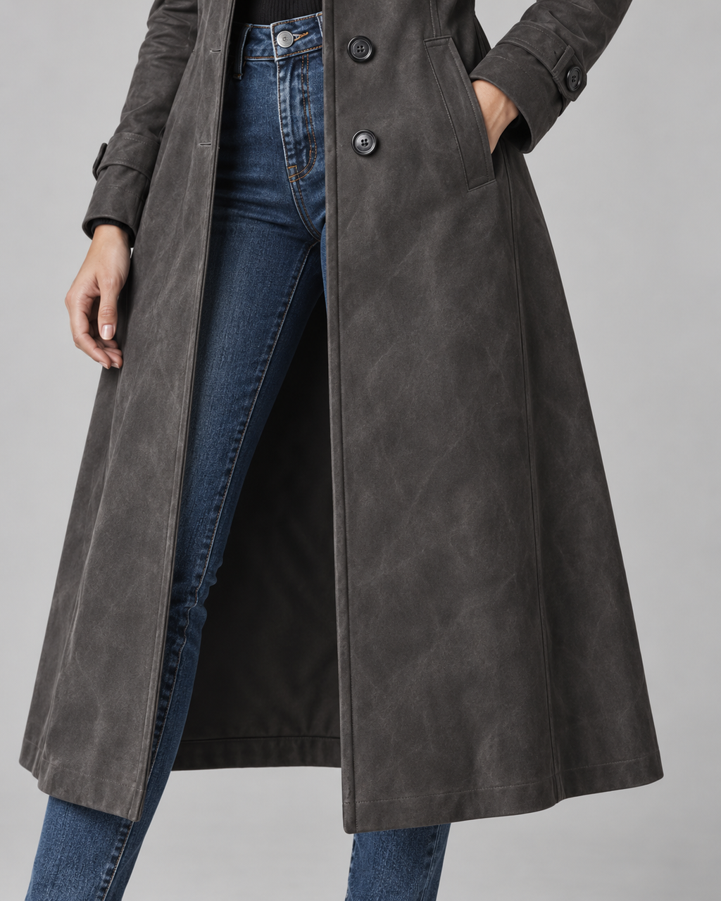 Women's Suede-Look Long Coat – Notched Lapel A-Line Tailored Overcoat