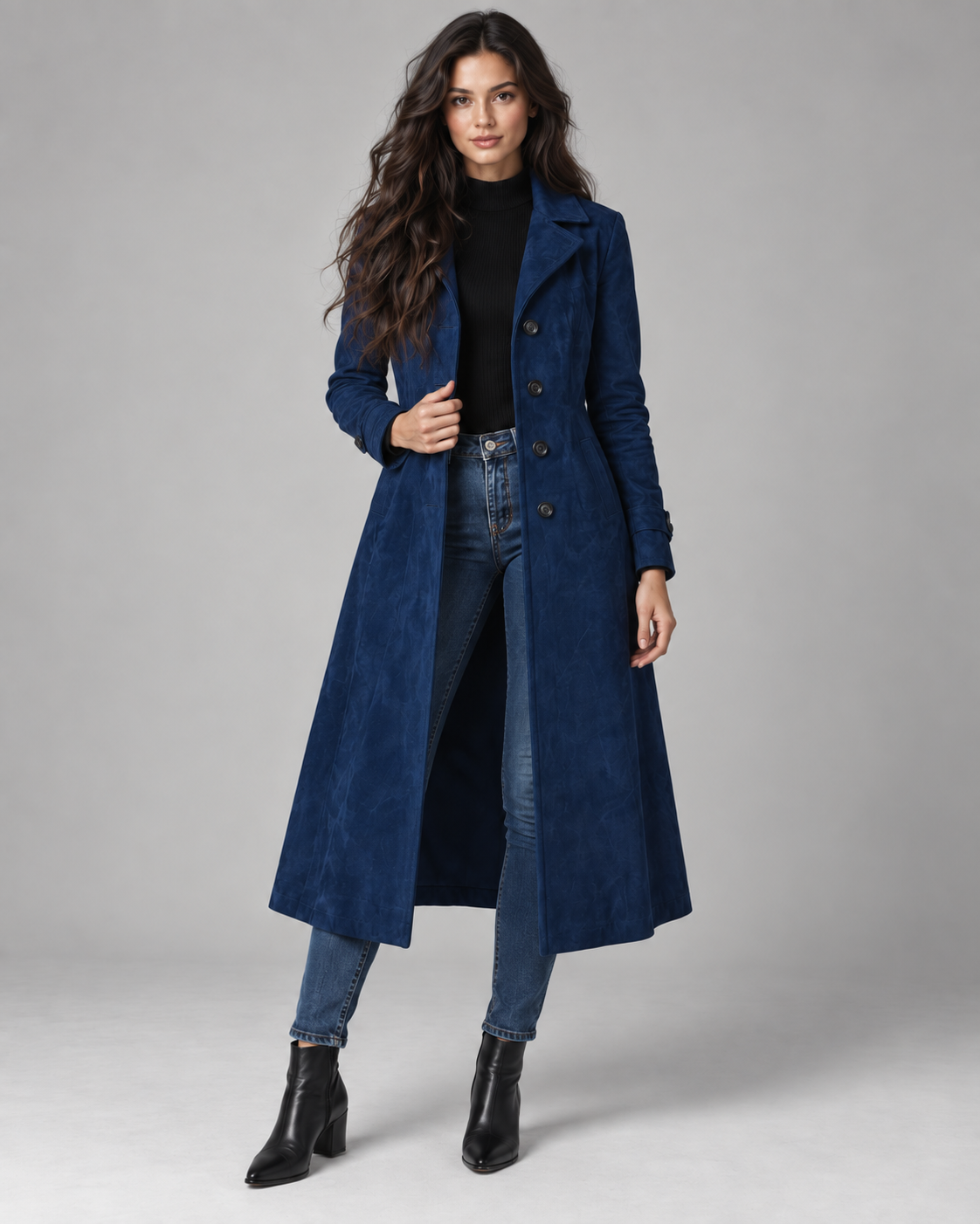 Women's Suede-Look Long Coat – Notched Lapel A-Line Tailored Overcoat