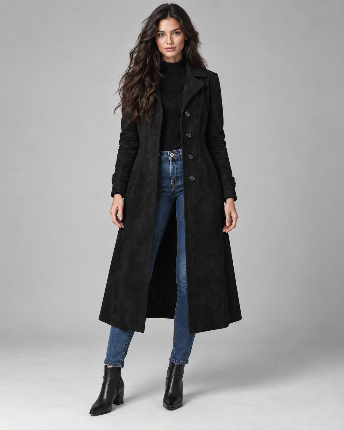 Women's Suede-Look Long Coat – Notched Lapel A-Line Tailored Overcoat
