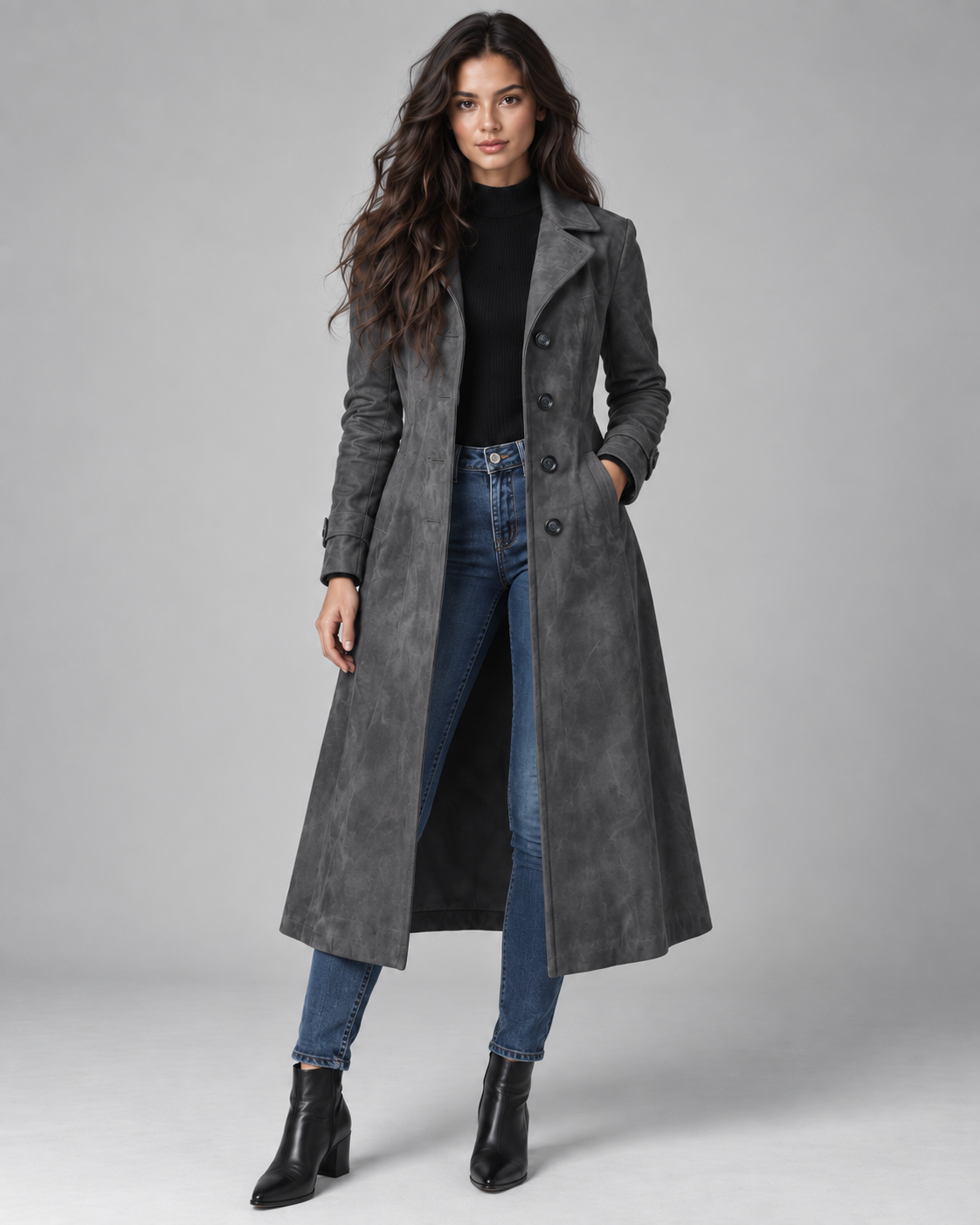 Women's Suede-Look Long Coat – Notched Lapel A-Line Tailored Overcoat